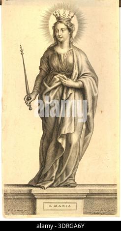 Cette gravure réalisée vers 1646-1650 par Pieter Clouwet d'après Peter Paul Rubens, publiée par Cornelis Galle I, représente la Vierge Marie dans le rôle de Regina Coeli debout sur un piédestal, tenant un sceptre en vue frontale. Une plaque d'une série de quinze montre treize Apôtres, Christ et Marie. L'estampe illustre la composition baroque, l'iconographie religieuse, la technique de gravure, l'agencement spatial, la tenue d'époque, et les traditions artistiques de dévotion européenne. Banque D'Images