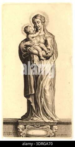 Cette gravure, réalisée vers 1646–1650 par Schelte Adamsz. Bolswert d'après Peter Paul Rubens et publié par Cornelis Galle I, représente la Vierge Marie debout sur un piédestal, tenant l'enfant Christ en vue frontale. L’œuvre démontre les techniques de gravure flamandes du XVIIe siècle, l’iconographie religieuse et la représentation des figures de la mère et de l’enfant. L’estampe capture la composition, la posture et le symbolisme de dévotion, reflétant l’influence artistique de Rubens et le langage visuel de l’époque dans les religions Banque D'Images