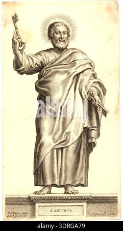 Cette gravure circa 1646-1650 par Schelte Adamsz. Bolswert d'après Peter Paul Rubens, publié par Cornelis Galle I, représente Saint Pierre debout sur un piédestal avec des inscriptions, tenant une clé dans chaque main. C'est une plaque dans une série de quinze, dont treize Apôtres, Christ et la Vierge Marie. L'estampe démontre la technique de gravure flamande du XVIIe siècle, l'arrangement de la composition, l'étude des figures, l'iconographie religieuse et l'influence stylistique de Rubens sur les estampes de dévotion. Banque D'Images