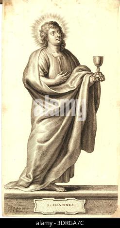 Gravure vers 1646-1650 d'après Peter Paul Rubens, réalisée par Schelte Adamsz. Bolswert, publié par Cornelis Galle I. St John l'évangéliste se tient sur un piédestal avec titre inscrit, tourné de trois quarts à droite, tenant un calice. L'un d'une série de quinze planches représentant treize Apôtres, Christ et la Vierge Marie. Illustre la gravure religieuse européenne du XVIIe siècle, posture, geste, iconographie, composition, et illustration de dévotion. Banque D'Images