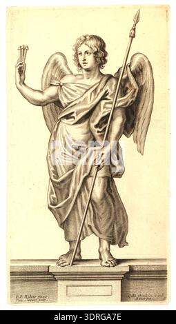 Cette gravure, réalisée vers 1646–1670 et d’après l’œuvre de Pierre Paul Rubens, représente un ange debout sur un piédestal, tenant trois clous et une lance. Le tirage a été réalisé par Pieter Clouwet et Schelte Adamsz. Bolswert, et publié par Gillis Hendricx. La composition met l'accent sur la figure angélique dans un contexte religieux, montrant des techniques de gravure fines et des caractéristiques de style baroque, y compris une posture dynamique, des draperies détaillées et des objets symboliques liés à l'iconographie chrétienne. Banque D'Images