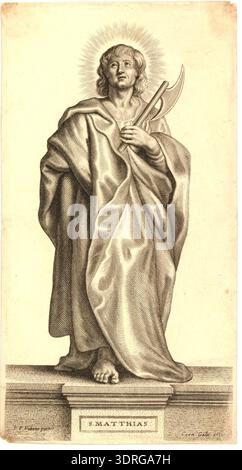 Cette gravure, d'après Peter Paul Rubens et imprimée par Pieter Clouwet vers 1646–1650, représente Saint Matthias debout sur un piédestal tenant une hache, sur toute la longueur en vue frontale en regardant vers le haut. Faisant partie d'une série de quinze planches montrant treize Apôtres, Christ et la Vierge Marie, l'estampe illustre la gravure religieuse baroque, la représentation de figures et l'illustration de dévotion, mettant en évidence des gestes, des draperies, et iconographie typique de la gravure flamande du XVIIe siècle. Banque D'Images