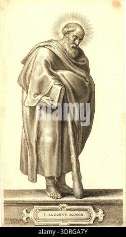 Cette gravure, vers 1646–1650, représente Jacques le moins debout sur un piédestal, tourné aux trois quarts vers la droite, tenant un livre et un club. C'est une plaque d'une série de quinze montrant treize Apôtres, Christ et la Vierge Marie, d'après Pierre Paul Rubens. Le tirage, réalisé par Schelte Adamsz. Bolswert et publié par Cornelis Galle, illustre l'iconographie religieuse baroque, les techniques de gravure détaillées et la représentation formelle des saints et des figures bibliques dans les traditions artistiques européennes du XVIIe siècle. Banque D'Images