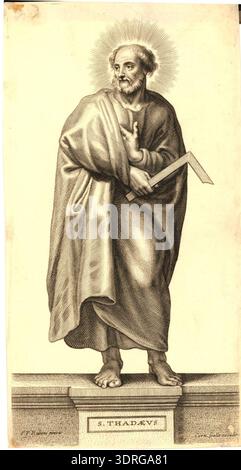 Cette gravure réalisée vers 1646–1650 par Pieter Clouwet, publiée par Cornelis Galle I, représente St Jude debout sur un piédestal portant son titre. Le saint est montré en pleine longueur, face à l'avant mais regardant à gauche, tenant une règle de charpentier. L'image fait partie d'une série de quinze planches illustrant treize Apôtres, le Christ et la Vierge Marie, d'après Pierre Paul Rubens. L'estampe démontre la composition baroque, l'iconographie religieuse, le modelage de figures et les techniques de gravure européennes du XVIIe siècle. Banque D'Images