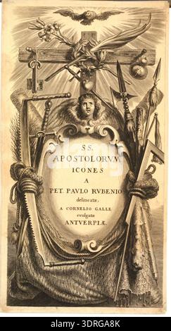 Cette gravure, vers 1646–1650, sert de frontispice pour les « SS Apostolorum Icones », une série de quinze planches représentant treize Apôtres, le Christ et la Vierge Marie. Le titre est inscrit dans un cartouche ovale, entouré d'instruments de la passion. L'estampe, d'après Peter Paul Rubens et gravée par Schelte Adamsz. Bolswert, illustre la gravure religieuse européenne du XVIIe siècle, l'iconographie, l'arrangement compositionnel et l'utilisation d'attributs symboliques dans la dévotion visuelle. Banque D'Images