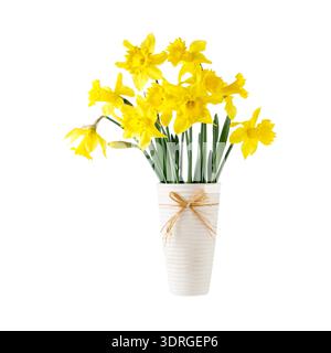 Bouquet fleurs de narcisse de jardin jaune dans vase blanc crème vintage isolé sur fond blanc. Printemps ou pâques ou décor de voeux Banque D'Images