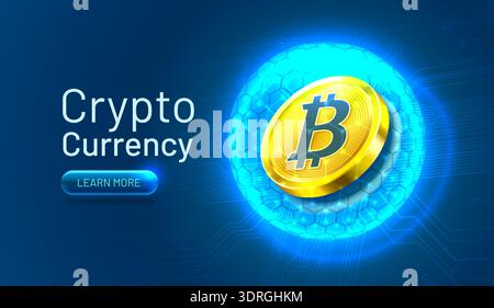 Pièce Golden Bitcoin avec texte Crypto Currency et un bouton en savoir plus sur un fond technologique bleu. Illustration vectorielle Illustration de Vecteur