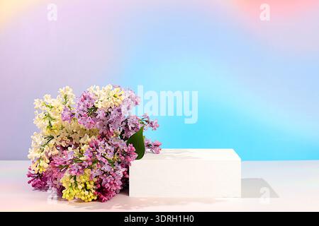 Arrangement floral abstrait avec des fleurs lilas blanches et violettes, bannière. Modèle créatif pour votre conception. Vider le podium des produits Banque D'Images