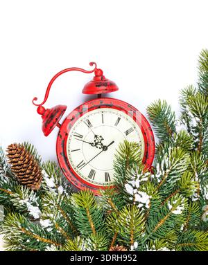 Fond de Noël avec horloge, sapin de neige Banque D'Images