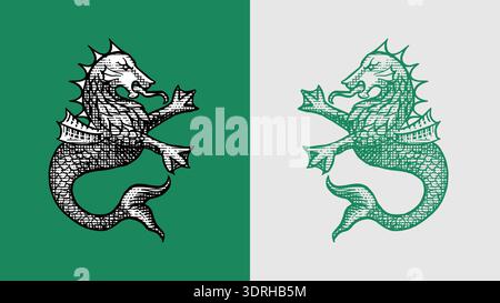 Dragon de mer héraldique ou monstre pour la conception des armoiries et le bouclier. Gravure dessinée à la main dans le vieux style médiéval traditionnel, élément fait moderne pour Illustration de Vecteur