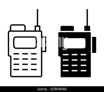 Deux dessins distincts d'un talkie-walkie en noir et blanc, mettant en valeur ses caractéristiques et ses fonctions. Parfait pour les thèmes de la communication et de la technologie. Illustration de Vecteur
