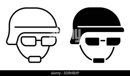 Cette image représente une icône stylisée représentant la tête d'un soldat portant un casque et des lunettes de soleil. Il présente deux styles distincts, idéal pour les d à thème militaire Illustration de Vecteur
