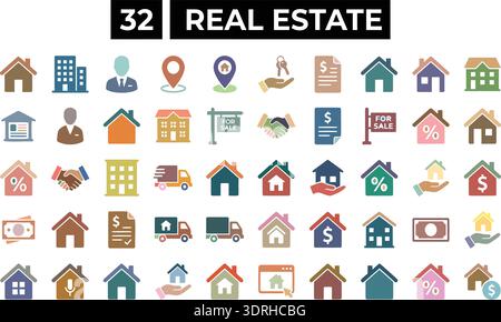 Ensemble d'icônes immobilières 32 - propriété, vente de maison et collection vectorielle hypothécaire Illustration de Vecteur