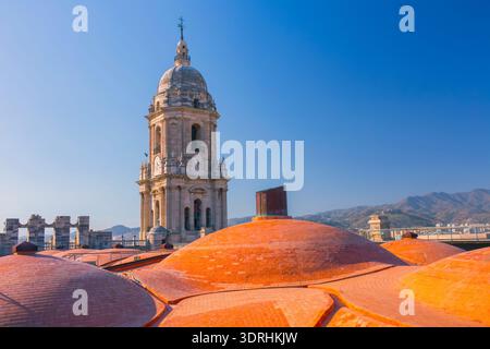 Large panorama sur le toit de la cathédrale de Malaga avec dômes en terre cuite et clocher. Espagne. Soleil brillant sur la ville méditerranéenne. Paysage architectural et hi Banque D'Images