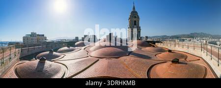 Malaga, Espagne. Large vue panoramique sur les structures de dôme en briques sur le toit de la cathédrale de Malaga avec le clocher historique. Archi municipal traditionnel Banque D'Images