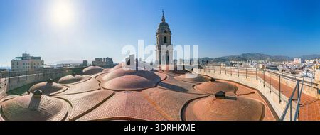 Large panorama sur le toit de la cathédrale de Malaga avec dômes en terre cuite et clocher. Espagne. Soleil brillant sur la ville méditerranéenne. Paysage architectural et hi Banque D'Images