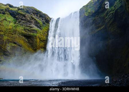 La majestueuse cascade de Skogafoss descend en cascade les falaises luxuriantes d'Islande à l'aube Banque D'Images