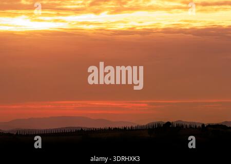 Coucher de soleil doré sur les collines ondoyantes de Toscane, en Italie, des cyprès emblématiques silhouettes sur un ciel spectaculaire avec des montagnes superposées en arrière-plan. Banque D'Images