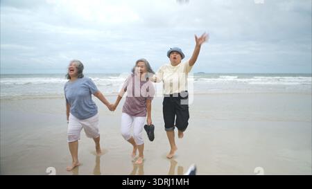 Heureuses femmes âgées profitant d'une promenade ludique sur la plage, Banque D'Images