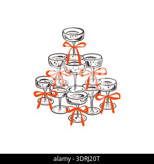 Tour de champagne dessinée à la main avec des noeuds de coquette rose. Crayon doodle cocktail, martini, margarita, dessin fantaisiste de pyramide de vin. Saint-Valentin, Illustration de Vecteur