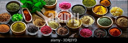 Composition avec assortiment d'épices et d'herbes Banque D'Images