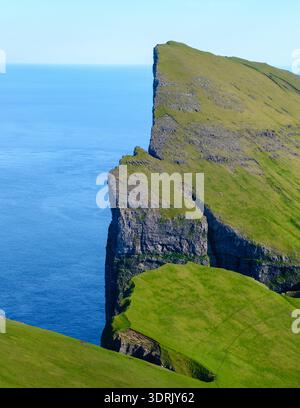 La falaise de Mylingur s'élève fortement de l'océan Atlantique, recouverte d'herbe verte luxuriante des îles Féroé Banque D'Images