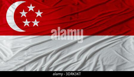 Gros plan du drapeau de Singapour agitant. Drapeau de Singapour avec texture de tissu Banque D'Images