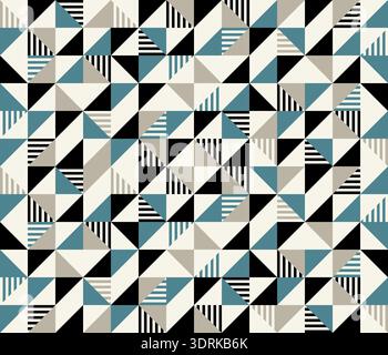 Motif géométrique moderne sans couture avec des triangles et des rayures dans des tons bleus et gris. Banque D'Images