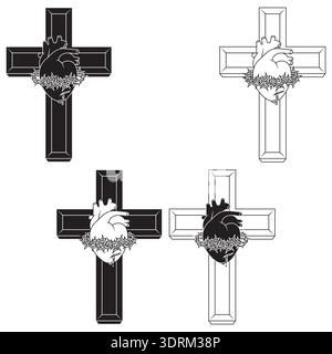 Illustration minimaliste en noir et blanc centrée sur les lignes et les contours. La croix et le coeur de Jésus avec des épines dans des traits noirs propres, idéal pour la bûche Illustration de Vecteur