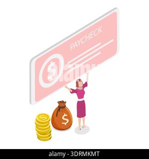Vecteur plat isométrique 3D illustration conceptuelle du chèque de paie Banque D'Images