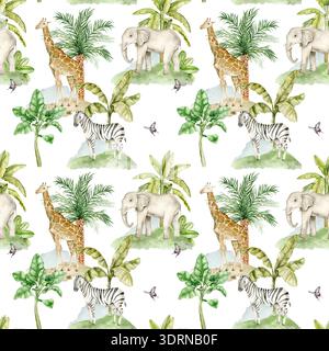 Motif aquarelle sans couture avec girafe, éléphant, zèbre, feuilles de palmier bananier et plantes tropicales. Illustration de safari répétée pour textile, wallpape Banque D'Images