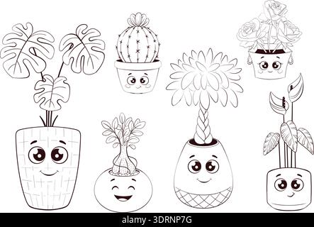 Plantes en pot souriantes aux visages ludiques, collection de dessins au trait avec cactus, succulents, monstères et minuscules Illustration de Vecteur