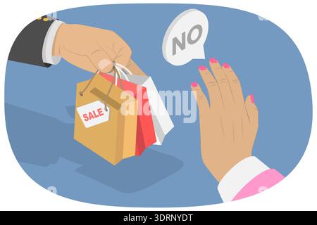 Illustration plate isométrique 3D de la bannière Stop Shopping, main rejetant les sacs à provisions avec des produits de vente Banque D'Images