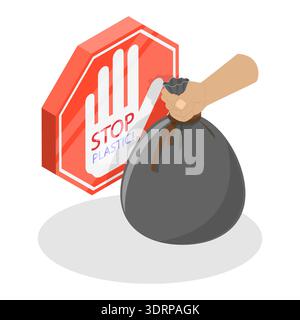 Illustration plate isométrique 3D de Stop plastique et de réduire la pollution environnementale, dites non aux sacs en plastique Banque D'Images