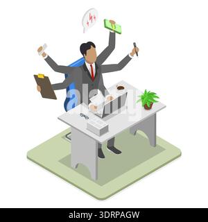Illustration plate isométrique 3D de l'entrepreneur surmené avec Burnout émotionnel, équilibre travail et vie personnelle Banque D'Images