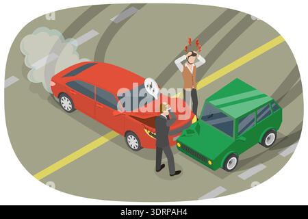 Illustration plate isométrique 3D d'accident de voiture, deux collisions de voiture Banque D'Images