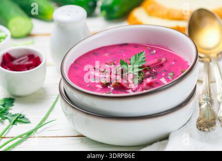 Soupe d'été traditionnelle fraîche fraîche de légumes à base de betterave, concombre, aneth, persil, oignon vert, oeufs et crème sure Banque D'Images
