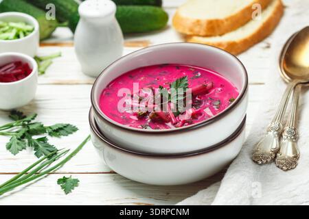 Soupe d'été traditionnelle fraîche fraîche de légumes à base de betterave, concombre, aneth, persil, oignon vert, oeufs et crème sure Banque D'Images