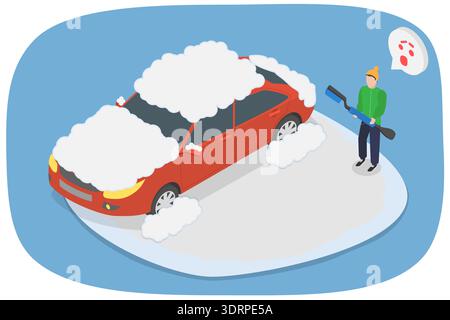 Illustration vectorielle plate isométrique 3D de la voiture sous la pile de neige Banque D'Images