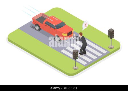 Illustration vectorielle isométrique plate 3D d'un piéton effrayé au passage Banque D'Images