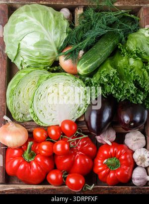 Légumes biologiques frais dans une caisse en bois - chou, tomates, poivron, aubergine, concombre, oignon, ail, laitue et aneth. Banque D'Images
