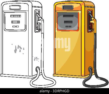 Distributeur de carburant rétro en couleur vive et contour monochrome, style vectoriel propre, fond isolé Illustration de Vecteur