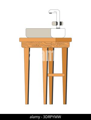 Lavabo de salle de bain avec robinet placé sur un objet de dessin animé 2D de support en bois Illustration de Vecteur