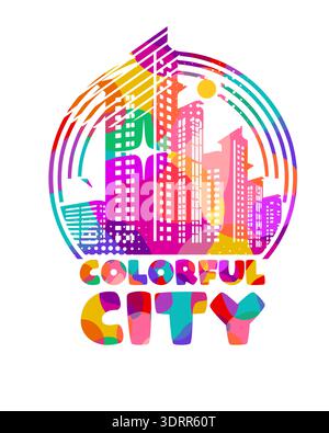 Logo coloré skyline moderne de ville avec gratte-ciel dans le style vectoriel plat sur fond blanc. Dessiné à la main pas ai, illustration vectorielle. Illustration de Vecteur