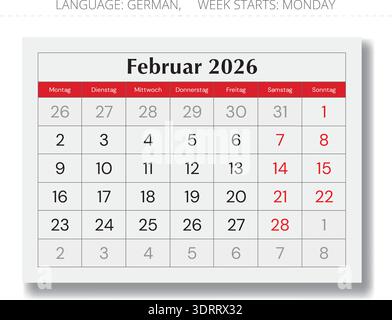 Calendrier allemand de février 2026 – Kalender Februar. Page papier mensuelle vectorielle pour l'Allemagne Illustration de Vecteur
