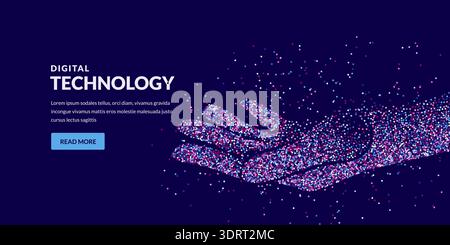 Silhouette de main humaine faite de pois. Bras a particules NUMERIQUES abstraites a structure de RESEAU. Illustration vectorielle. Concept de technologie futuriste IA, Illustration de Vecteur
