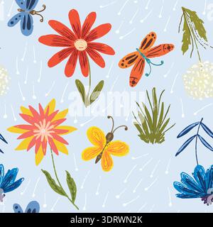 Motif mignon avec des fleurs rouges et des papillons Illustration de Vecteur