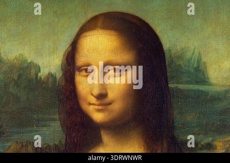 Mona Lisa de Léonard de Vinci, peinture Renaissance au Louvre, gros plan sur le célèbre sourire de Mona Lisa. Banque D'Images