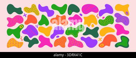 Ensemble de formes organiques liquides colorées, forme irrégulière. Forme libre simple colorée ou blobs asymétriques. Figures abstraites déformées aléatoirement, taches d'ondes, taches amorphes fluides. Taches modernes, gouttes d'amibe Illustration de Vecteur