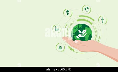 Concept de développement durable avec icônes des énergies renouvelables, stratégie d'entreprise verte et cadre de responsabilité environnementale. Illustration de Vecteur